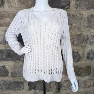 Women's Jeanne Pierre White Eyelet Open Knit Sweater Size Large Long‎ Sleeve